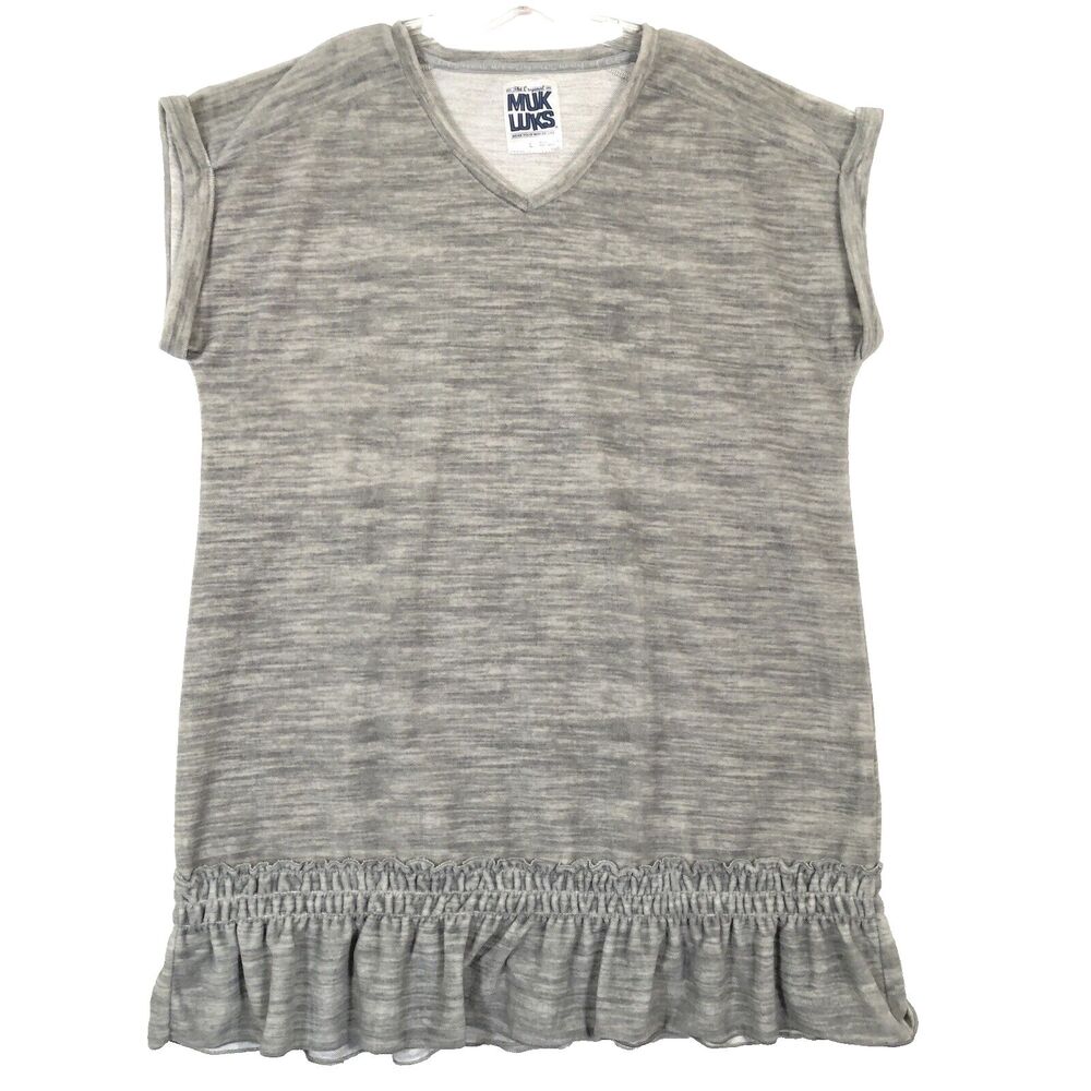 Muk Luks Pullover Nightgown Sleepshirt Marled Gray Size Large Ruffled Hem